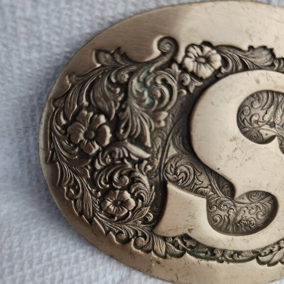 Vintage 70s Award Design Medals Inc. Brass "S" Belt Buckle Floral Flowers - Picture 4 of 6